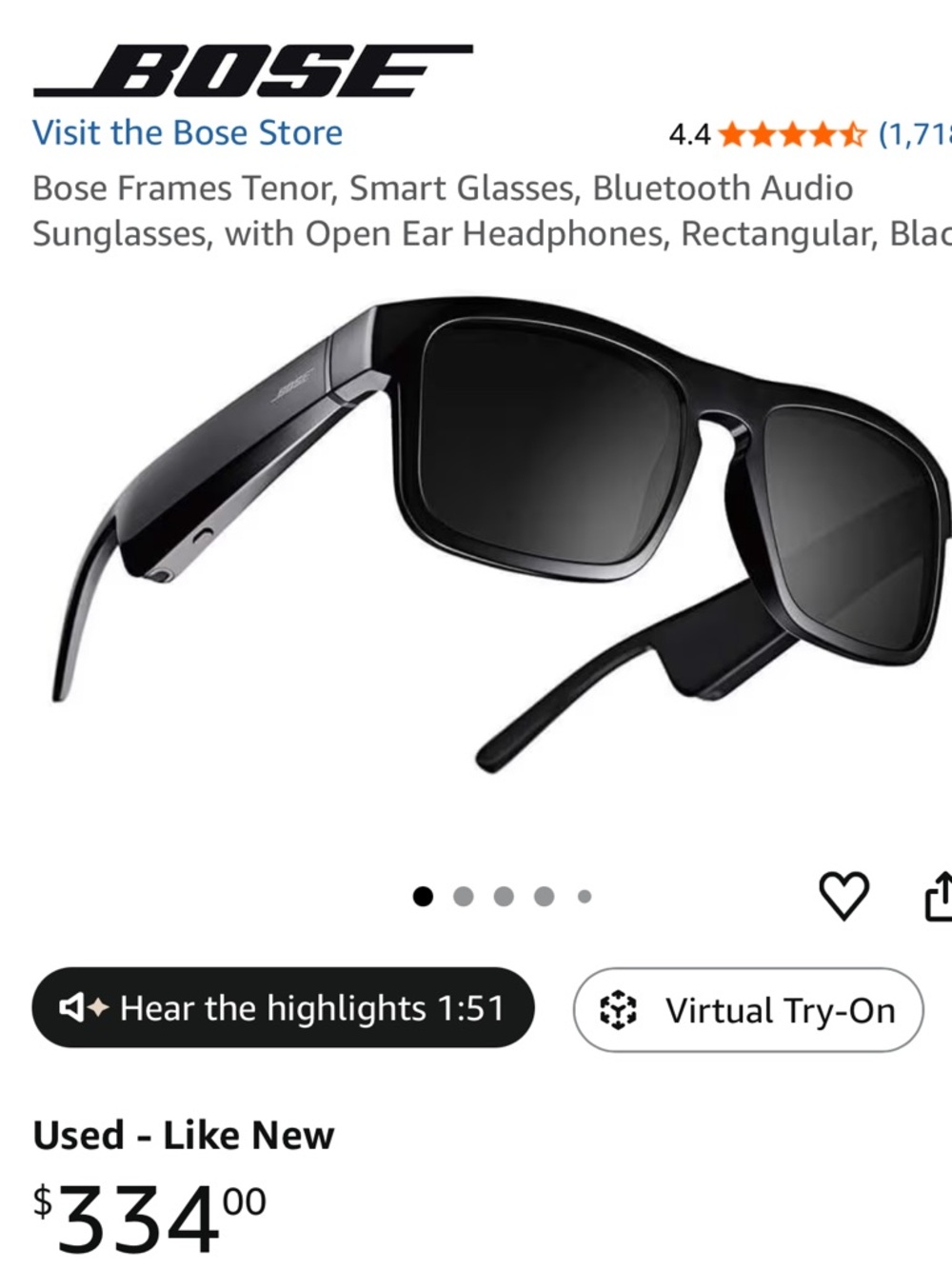 Bose TENOR Black Bluetooth Audio Sunglasses